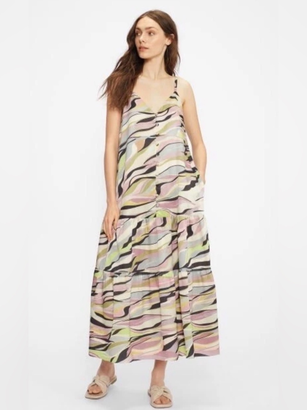 Ted Baker (4-6) Shiny camo, adjustable tank, button-up, ruffle hem maxi dress